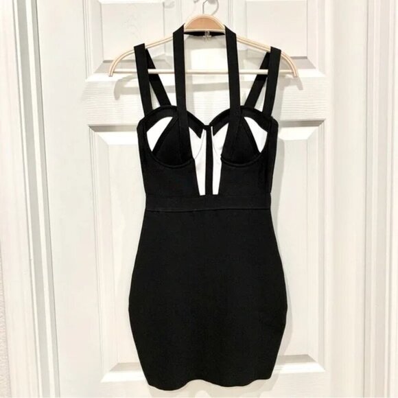 Bebe Black White Colorblock Strappy Halter Bustier Bodycon Bandage Mini Dress - Picture 3 of 7